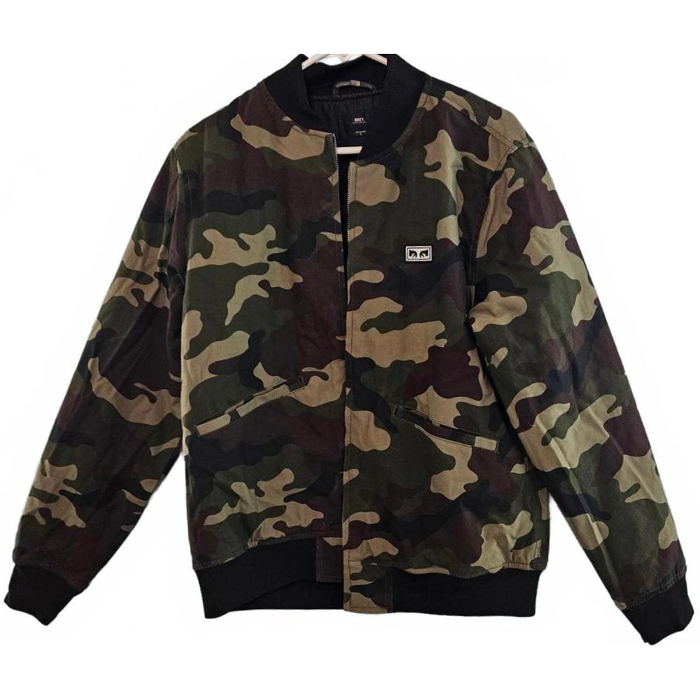 Obey Worldwide Mens Camo Bomber Jacket Full Zip Size S Graphic Back Unisex Urban